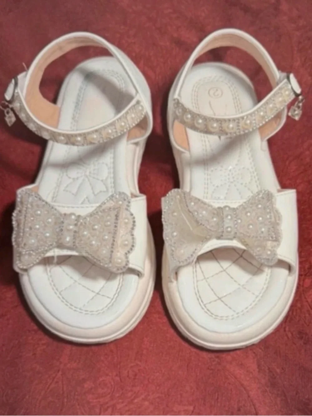 Girls White Pearl Bow Sandals Size 2 Princess Dressy Shoes 2